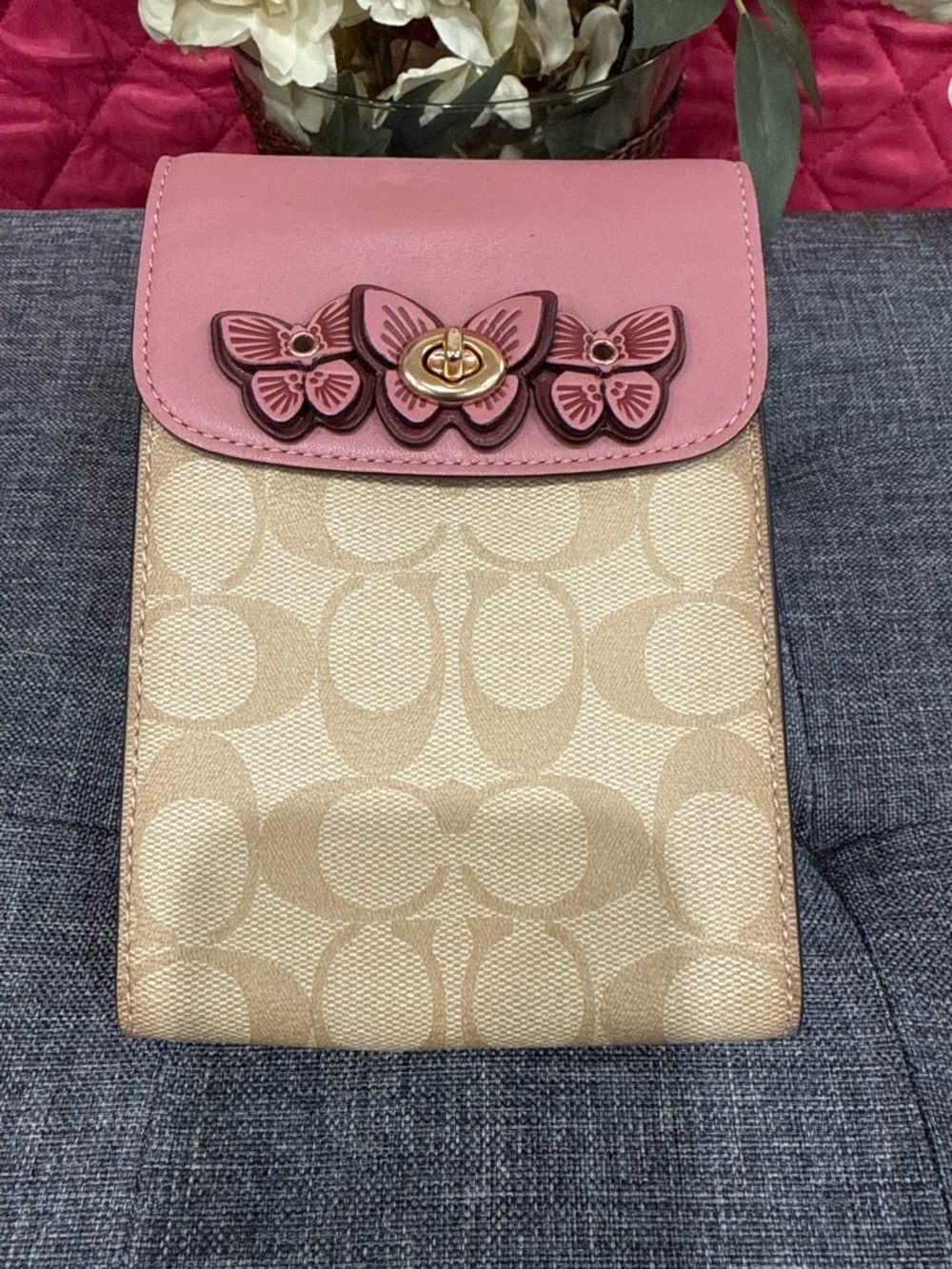 Coach Beige Signature Canvas Crossbody with Pink Butterfly Flap